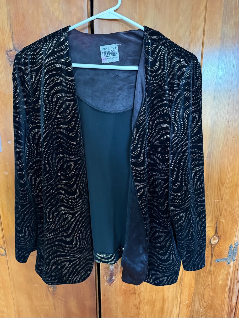 R&M Richards Black Velvet Blazer with Gold Metallic Wave Design